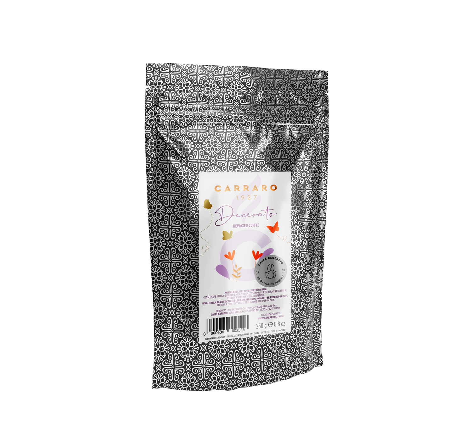 Caffè in grani - Decerato – caffè in grani 250 g in standpack - Shop online Caffè Carraro