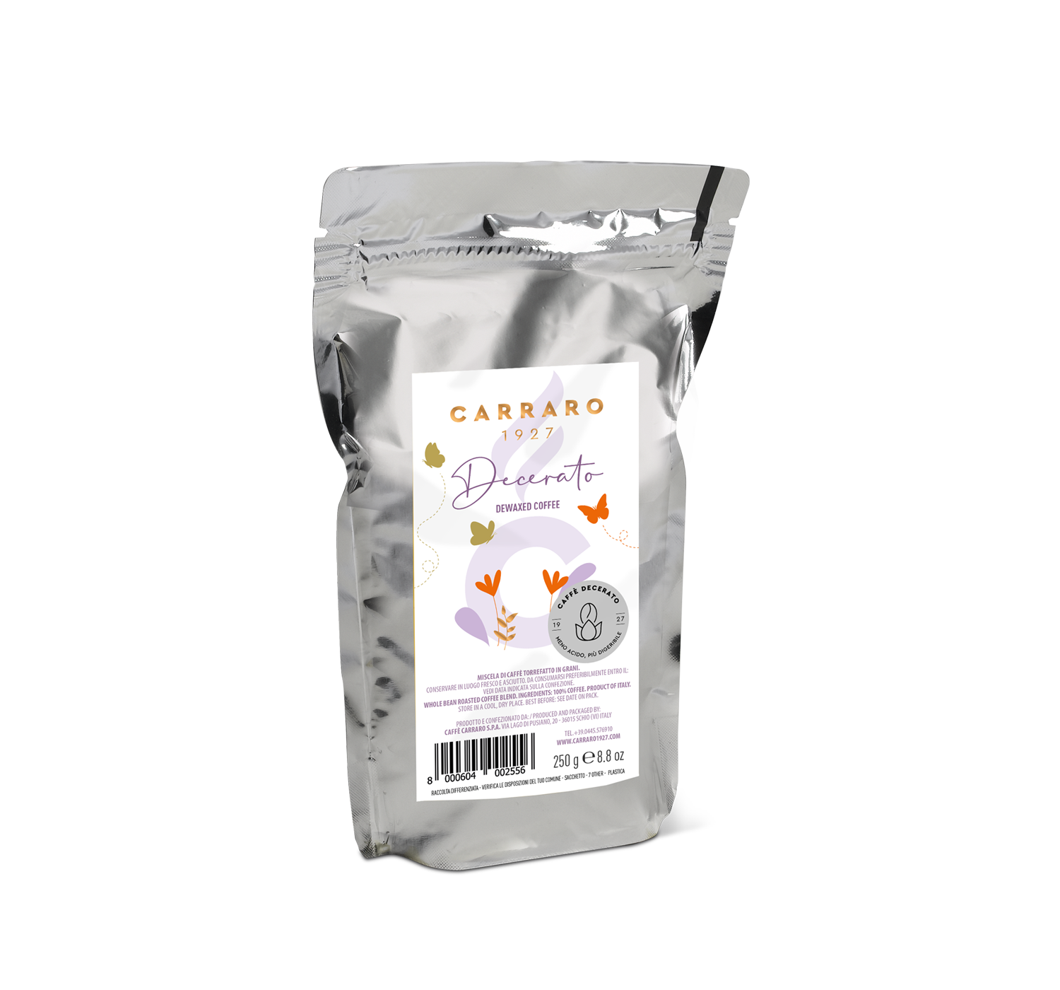 Decerato - Decerato – coffee beans 250 g standpack - Shop online Caffè Carraro