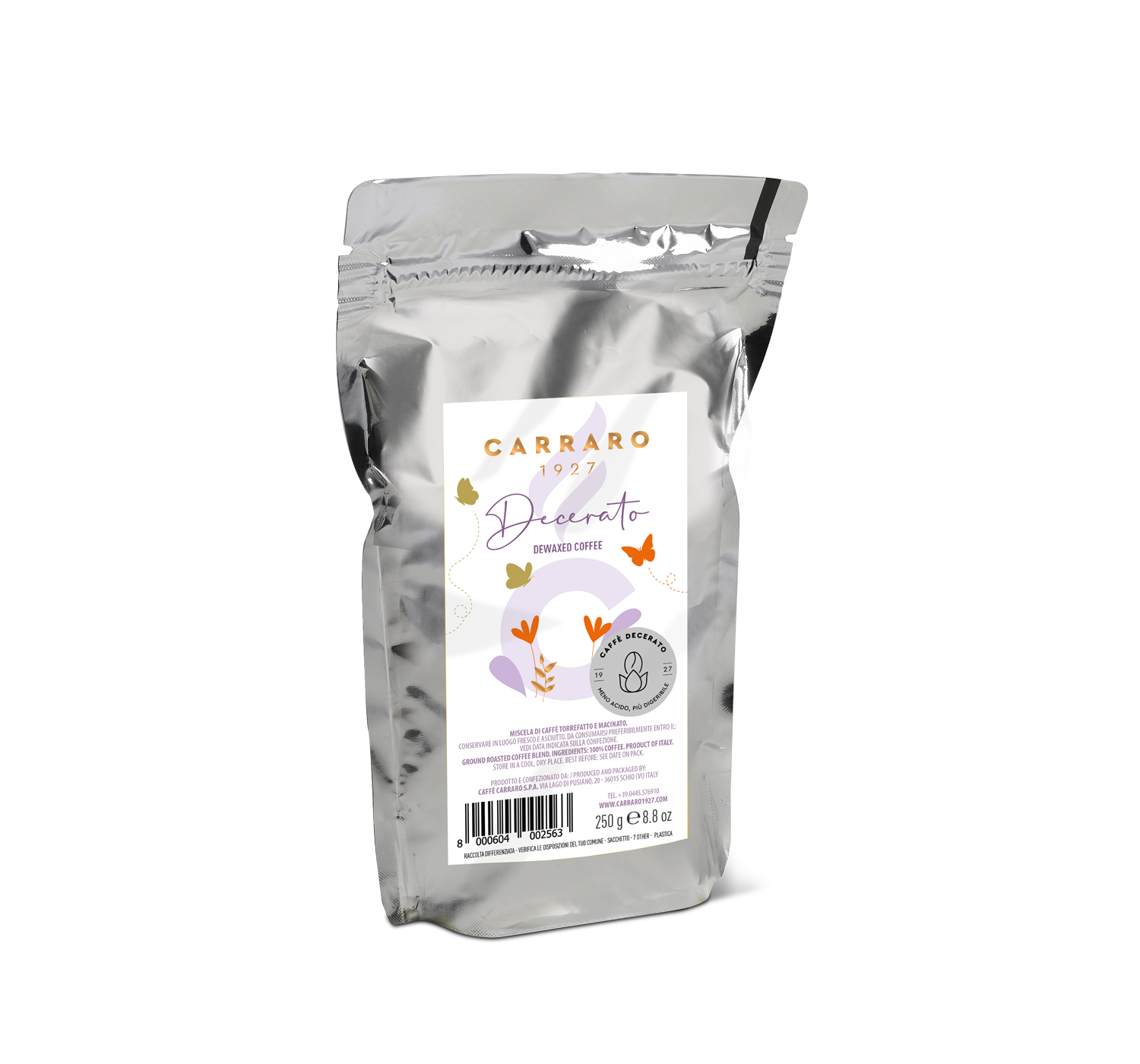 Retail - Decerato – dewaxed ground coffee standpack 250 g - Shop online Caffè Carraro