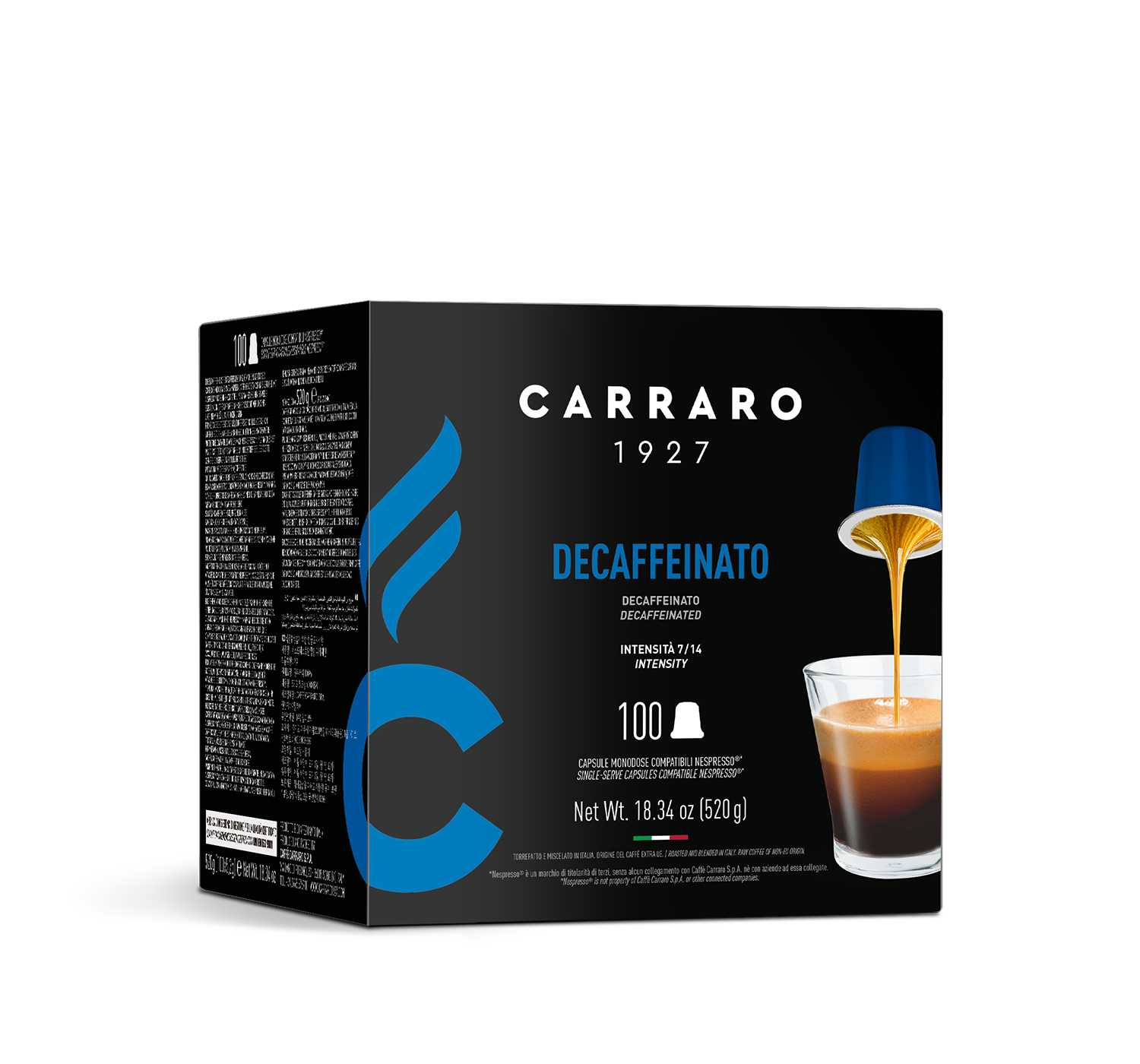 Capsules - Decaffeinato – 100 Nespresso®* compatible capsules - Shop online Caffè Carraro
