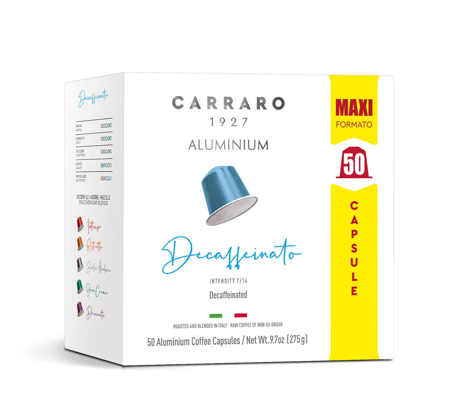 Capsules - Decaffeinato – 50 Nespresso®* compatible aluminum capsules - Shop online Caffè Carraro