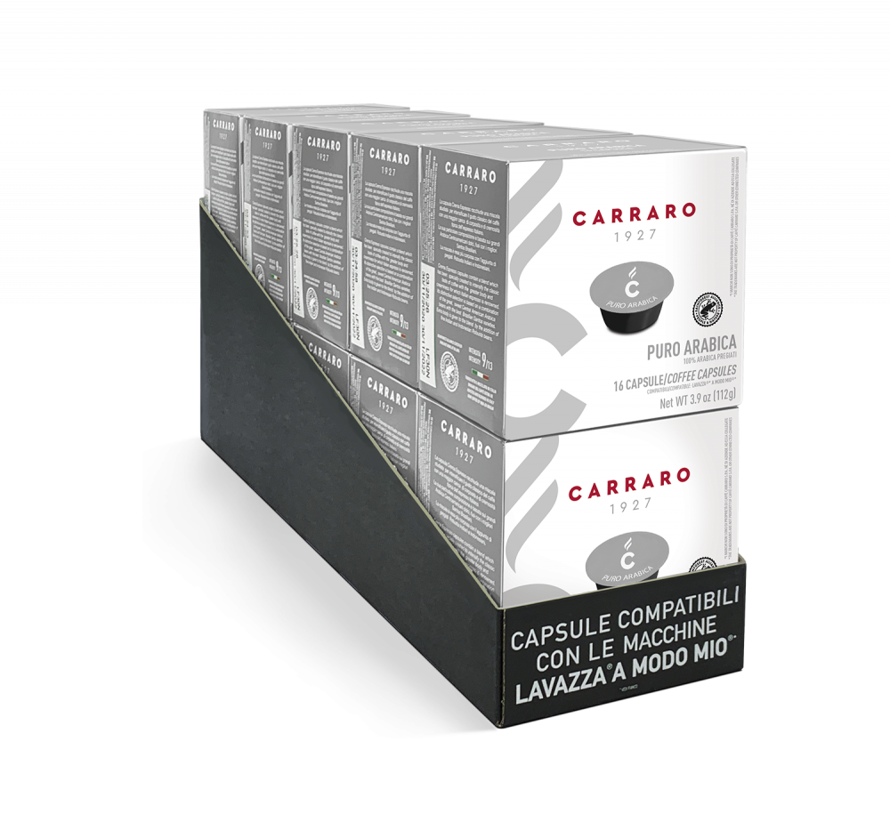 Puro arabica – 10 BOXES OF 16 CAPSULES, 160 TOTAL A MODO MIO®* COMPATIBLE CAPSULES - Caffè Carraro