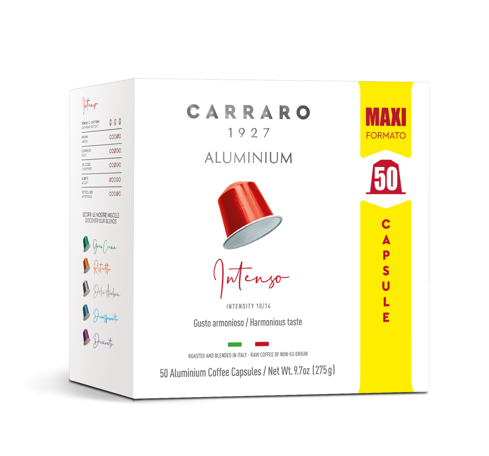 Intenso – 50 Nespresso®* compatible aluminum capsules - Caffè Carraro