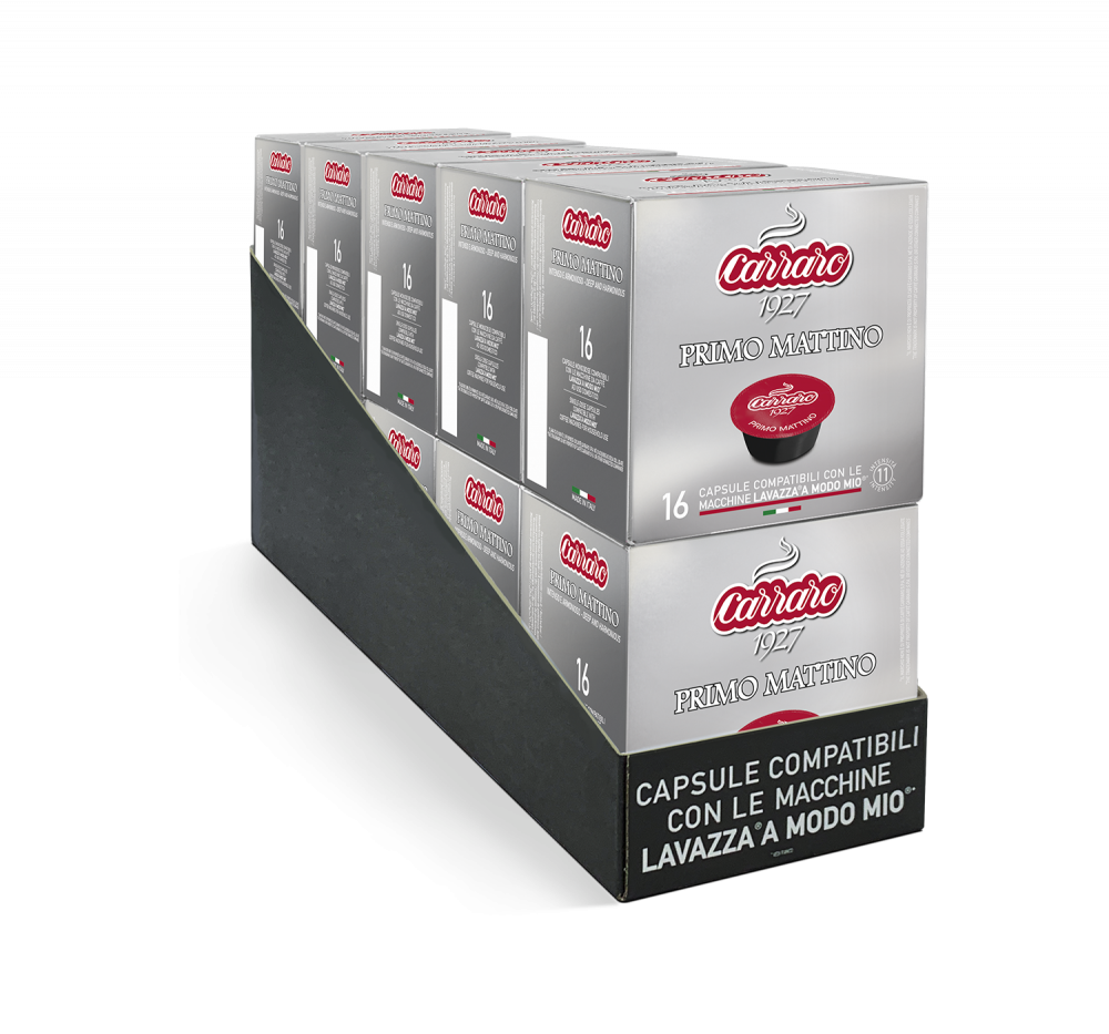Primo Mattino – 10 boxes of 16 A Modo Mio®* compatible capsules, 160 capsules total - Caffè Carraro